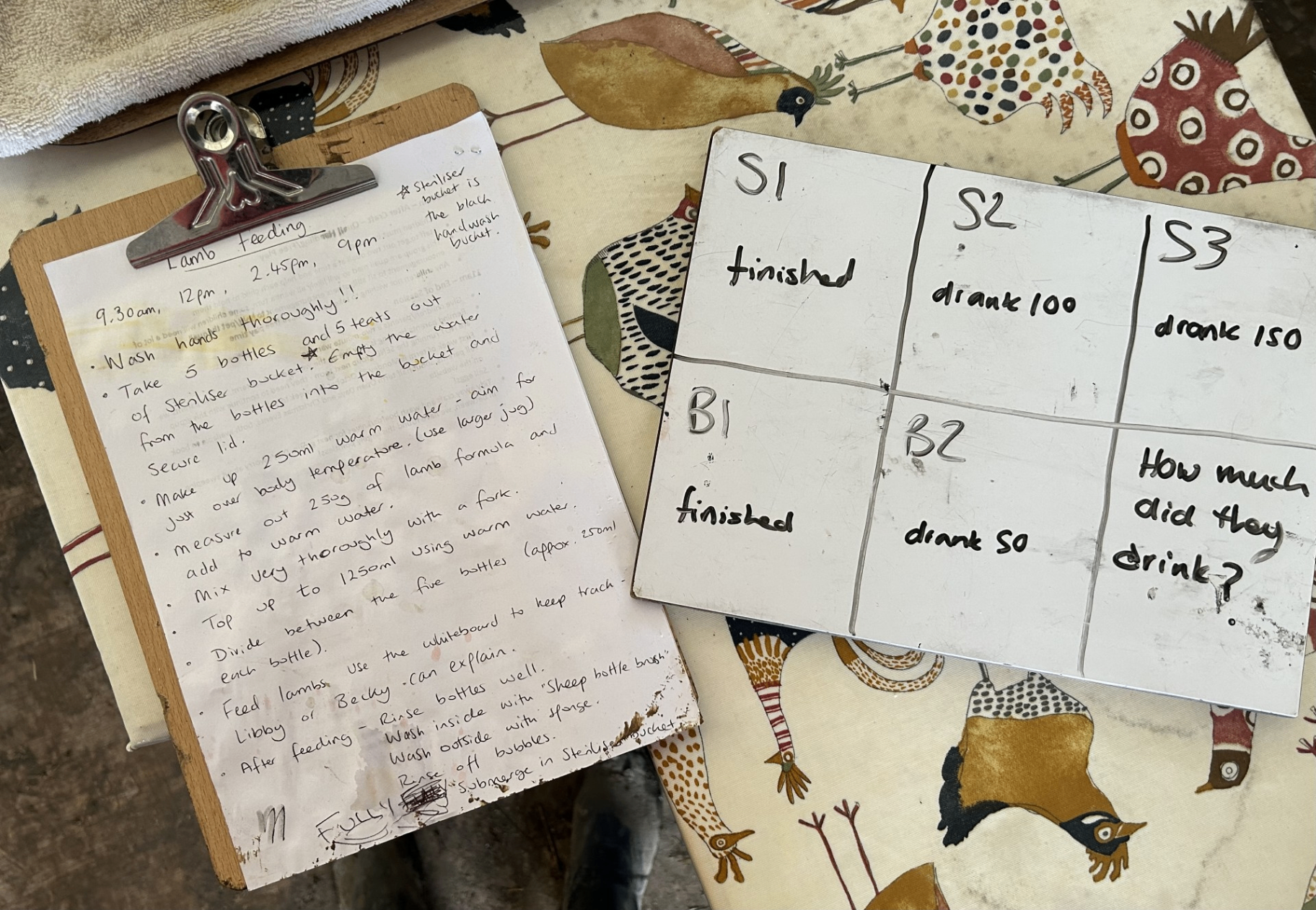 Clipboard with handwritten lamb-feeding notes and a whiteboard planning grid on a patterned tablecloth